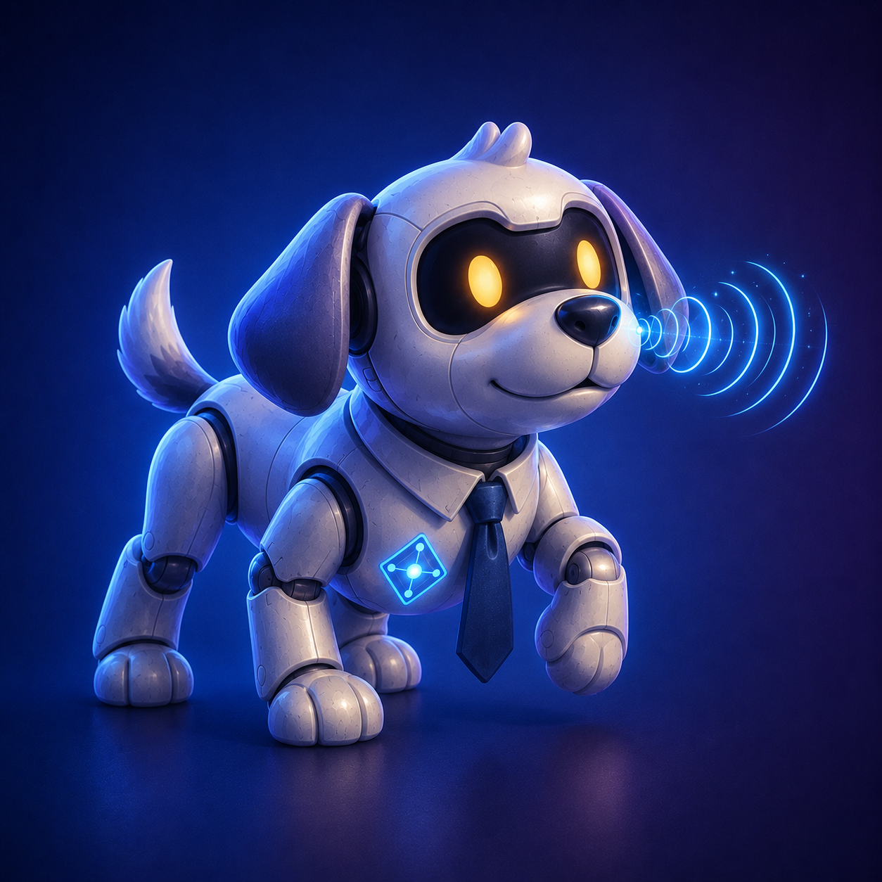 MBA Dog Bot mascot — a robotic puppy in a tie sniffing out signals